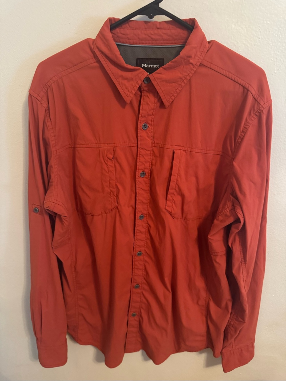 Marmot Men’s Large Hiking Shirt Long Sleeve Roll Tab Burnt Orange Outdoor